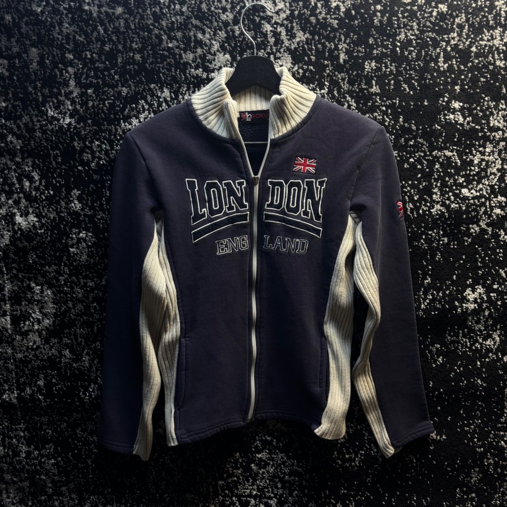 G-Crown London England Y2K Zip Up Sweater Navy Blue Ribbed Fleece XL Womens